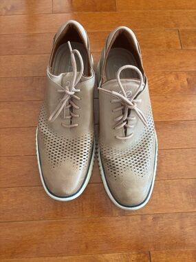 Cole Haan Taupe Perforated Leather Derby Shoes- Zerogrand